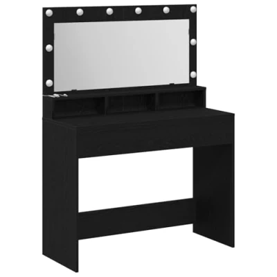 Image of vidaXL black oak mdf dressing table with led lights 100 x 41 135 cm vanity drawers, shelves for bedroom