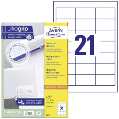 Image of Avery Zweckform 3670 Universal Labels 64x36 mm for Inkjet Laser Copy White