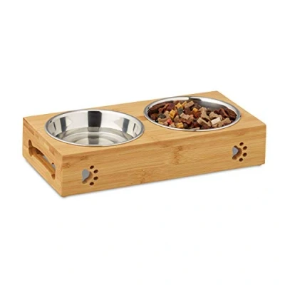 Image of Relaxdays Feeding Station for Small Dogs, 2 Bowls, 300 ml, Raised, Bamboo, Stainless, HWD: 6.5x31.5x15 cm, Natural/Silve, Stainless Steel, 1 Item