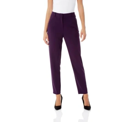 Image of Roman Originals Work Trousers for Women UK Ladies Office Smart Stretch Suit Pants Cigarette Straight Leg Tailored High Elasticated Waist Tapered Ankle Grazer Slim Purple Short (25 inch) Size 16