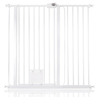 Image of Bettacare Pet Gate with Lockable Cat Flap, 107.4cm 115cm, White, 104cm in Height, Extra Tall Dog Safety Barrier Easy Installation