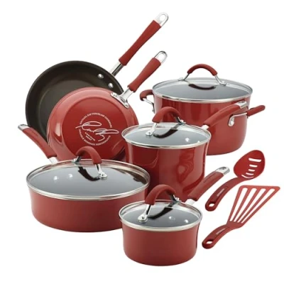 Image of Rachael Ray Cucina Nonstick Cookware Pots and Pans Set, 12 Piece, Cranberry Red