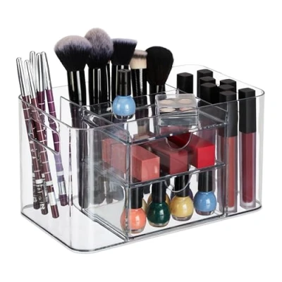Image of Relaxdays Cosmetics Organiser, 4 Compartments, 2 Drawers, 13 x 24.5 14.5 cm, Make Up, Brushes, Plastic, Transparent