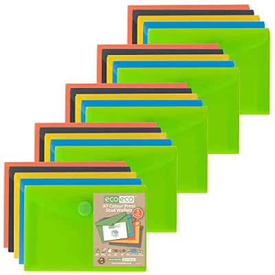 Image of eco A7 50% Recycled Assorted Colours Press Stud Popper Wallet, Plastic Folders (Pack of 25), eco077x25