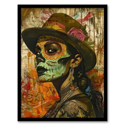 Image of Artery8 Mexican Day of the Dead Portrait Street Art Tattoos Living Room Artwork Framed Wall Print A4