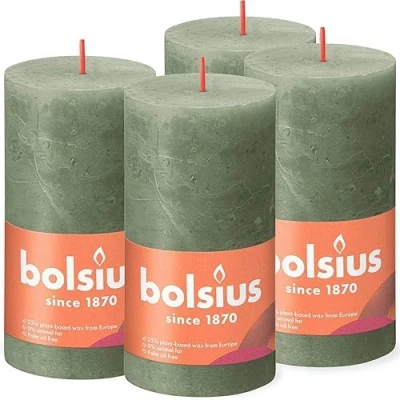 Image of Bolsius Rustic Pillar Candles, Olive Green, Set of 4, Decorative Household Burning Length Time 60 Hours, Unscented, Natural Plant Wax, Without Palm Oil, 13 x 7 cm