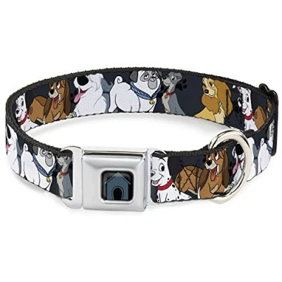 Image of Dog Collar Seatbelt Buckle Disney Dogs Group Collage Paws Gray Black 18 to 32 Inches 1.5 Inch Wide