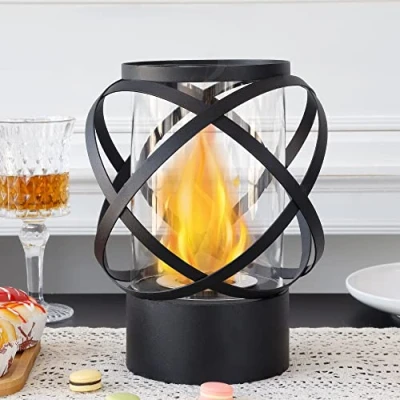 Image of JHY DESIGN Round Tabletop Bioethanol Fireplace, Fire Pot with Cylinder Glass 24cm Tall Portable FireplaceBio Ethanol Bowl for Indoor Outdoor Patio Party Living Room Dining Table Garden