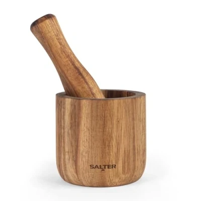 Image of Salter BW12197EU7 Toronto Pestle &amp; Mortar Set Acacia Wood Large Bowl Grinder, Hand Crusher For Food, Herbs, Spices, Seeds, Pesto, Solid Wood, Durable, 11cm Diameter Mortar, 3.7 x 3.3cm
