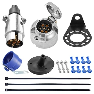 Image of SPARKMOTO 7 Pin Metal Trailer Plug Socket,With Complete Installation Accessories,12V Waterproof Aluminium Socket For Car Boat Caravan (Rubber Cap)