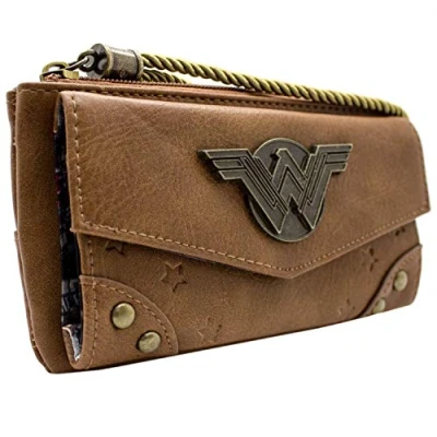 Image of Wonder Woman DC Satchel Metal Emblem Purse Clutch Coin Pocket &amp; Card Holder, Brown