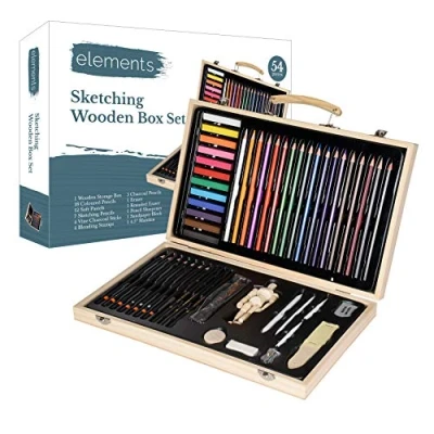 Image of Elements Wooden Art Set with Mannequin Professional Artists Colouring, Painting, Drawing and Sketching Supplies Case Kit for Beginners Artists, Adults, Kids