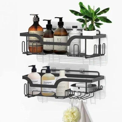 Image of Honsdom Shower Caddy, Bathroom Shelf Organiser No Drilling, Adhesive Storage Rack with Soap Razor Holder (Black, 2 Pack)