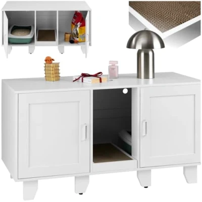Image of tectake® 2 in 1 Cat Litter Box Enclosure &amp; Storage Cabinet, Hidden Furniture with Side Entrance, Compartment Double Doors, Incl. Scratching Mat White/Gold