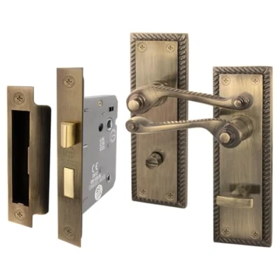 Image of EAI Antique Brass Georgian Scroll Bathroom Door Handle Set 1 Pair of Internal Lever Handles &amp; Lock (64mm) Rope Design