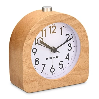 Image of Navaris Analogue Wooden Alarm Clock Retro Table with Half Round Design Snooze Function and Face Light Natural Wood in Dark Brown