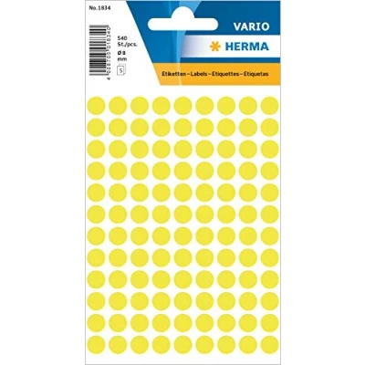 Image of HERMA Dot Stickers Luminous Yellow, 540 Labels, Ø 8 mm, 108 Labels per Sheet, Self Adhesive Round Colour Stickers, Blank Marking Dots, Sticky Circle for Color Coding Calendar