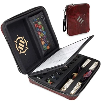 Image of ENHANCE Collector&#039;s Edition RPG Organizer Case DND Binder with Built in Character Sheet Holder and Erasable Scribe Panel, Dice Rolling Area, Removable Pen Pouch, Miniature Foam Tray (Dragon Red)