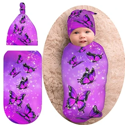 Image of XVBCDFG Butterfly Purple Cute Baby Swaddle Blanket Stuff Newborn Soft Sleep Sacks Stretchy Receiving Wrap Blankets with Hat for Boy Girl Infants Gifts
