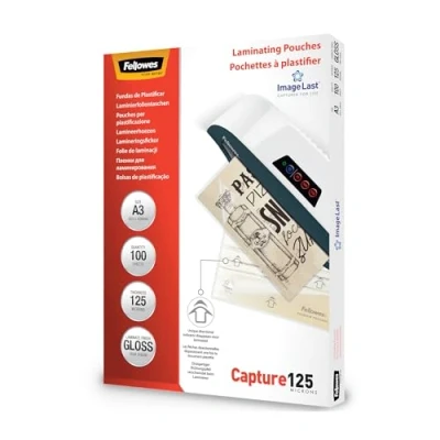 Image of Fellowes A3 Laminating Pouches, Gloss, 250 Micron (2 x 125 Micron) with Image Last Directional Quality Mark Pack of 100, transparent
