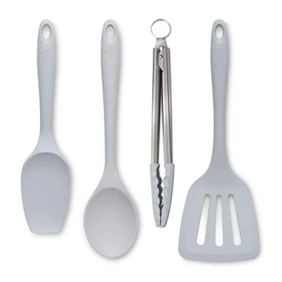 Image of Zeal JSET40S Non Stick Silicone Tongs, Turner, Spatula Cooks Spoon 4 Piece Set French Grey