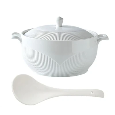 Image of NNYCC Porcelain Soup Serving Bowl with Lid and Spoon,3L White Tureen 2 Handles for Kitchen Microwave,White,L