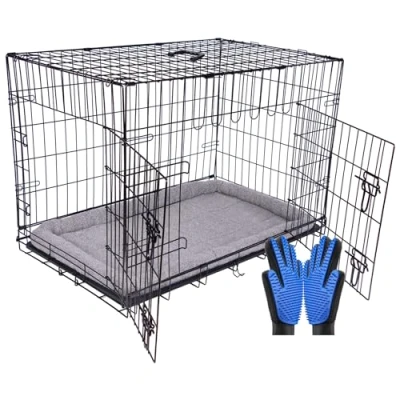 Image of Pretty Pooch Dog Crate Cage Puppy Cat Pet Training Carrier Metal Folding With Tray Double Door and Bed Two Grooming Gloves (XXL 48 Inch)