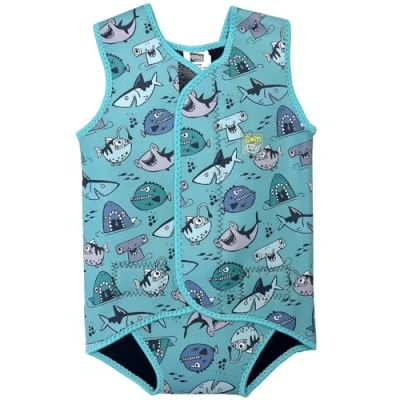 Image of Swim Cosy Baby/Toddler Wetsuit Vest with UPF50 Neoprene Wrap around design for Boys/Girls 0 3 years Unicorns, Dinosaurs, Ducks (Happy Sharks, MEDIUM 6 18 Months)
