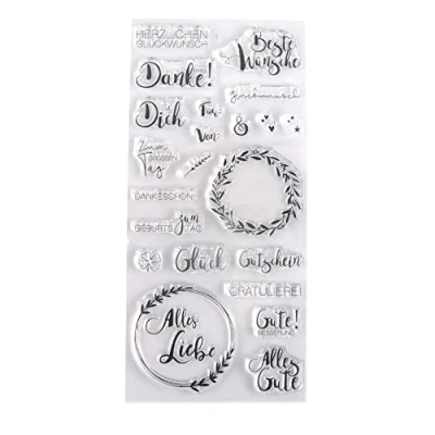 Image of Rayher 50241000 Set of 22 Clear Silicone Stamps for Card Making and Crafting, Assorted Sentiments Wreath Designs, 97 x 205 mm