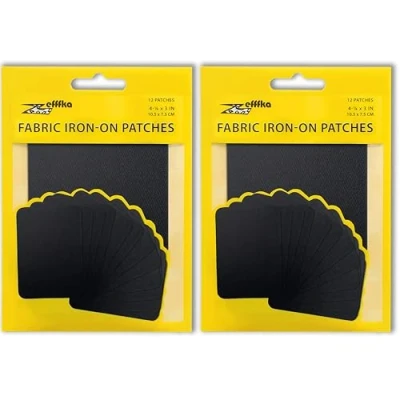Image of ZEFFFKA 2PACK Fabric Iron on Patches Inside &amp; Outside Strongest Glue 100% Cotton Black Repair Decorating Kit 12 Pieces Size 3&quot; by 4 1/4&quot; (7.5 cm x 10.5 cm)