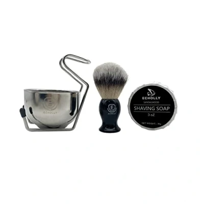 Image of 4pcs Shaving Brush Set by Echolly Premium Mens Brush,Stainless Steel Stand,Bowl,Shaving Cream Soap,Wet Kit for Men,Boyfriends,Fathers