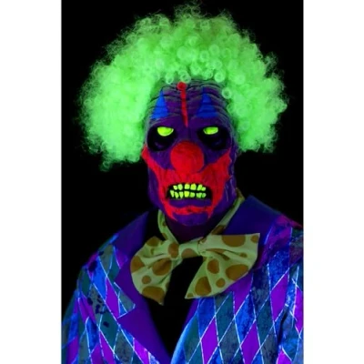 Image of Smiffys UV Black Light Clown Mask, Multi Coloured Latex, Overhead, with Hair, Halloween Cirque Sinister Fancy Dress, Dress Up Masks