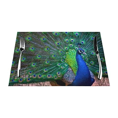 Image of Beautiful Peacock Placemat, Crossweave Vinyl Woven Table Mats, Non Slip Insulation Washable Mats Set Placemat For Kitchen Dinner