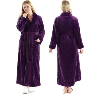 Image of Dressing Gown Women Full Length Robe Plus Size Fleece Winter Warm Bathrobe, UK10 14(label L), Purple