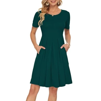 Image of AUSELILY Summer Dresses for Women UK Short Sleeve Pleated Loose Swing Casual Dress with Pockets Knee Length Dark Green S