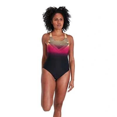 Image of Speedo Digital Placement Medalist Swimsuit Black/Papaya Punch/Magenta Size 32