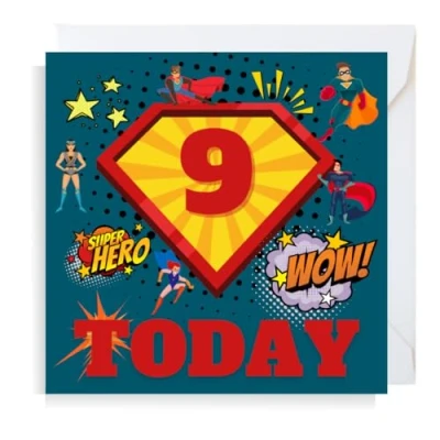 Image of Second Ave Superhero 9th Birthday Age 9 Square Children&#039;s Kids Greeting Card for Boy or Girl