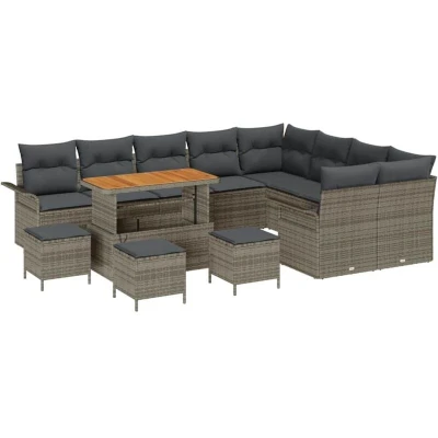 Image of vidaXL 13 Piece Garden Sofa Set with Cushions Grey Poly Rattan Acacia