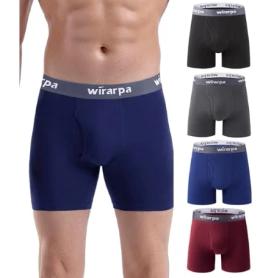 Image of wirarpa Men&#039;s Underwear Trunks Cotton Stretch Boxer Shorts Open Fly Tagless Underpants for Men Regular Leg 4 Pack Black Blue Red Grey Size M