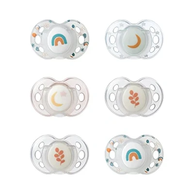 Image of Tommee Tippee Nighttime Dummies, 18 36 months, 6 pack of glow in the dark Dummiess with symmetrical silicone baglet
