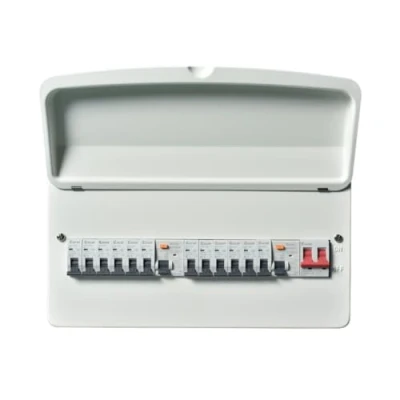 Image of Excel 18 Way Metal Clad Consumer Unit Populated Split Load c/w 100A Main Switch + 2x63A Type A RCD (3x6A,3x16A,5x32A,1x40A MCB’s) E1812TR