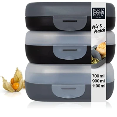 Image of Moritz &amp; 3x adult lunch box with compartments Mix Match Bento adults Dark lunchboxes boxes for