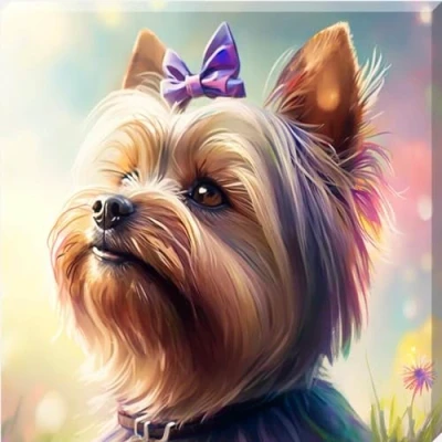 Image of Yorkshire Terrier with Bow Painting Style Canvas Wall Art Print Numerous Sizes (8&quot; x 8&quot; (203mmx203mm))