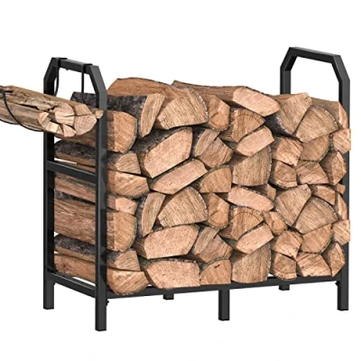 Image of Mutool 25.6 Inch Metal Firewood Rack, Log Holder Indoor/Outdoor, Fireplace Wood Storage Shelf with Hooks, Black