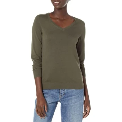 Image of Amazon Essentials Women&#039;s Classic Fit Lightweight Long Sleeve V Neck Jumper (Available in Plus Size), Dark Olive Heather, XS