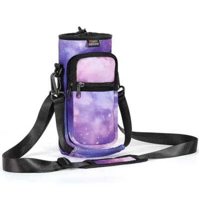 Image of Nuovoware Water Bottle Carrier Bag, 25oz/32oz Pouch Holder, Adjustable Shoulder Hand Strap 2 Pocket Sling Neoprene Sleeve Sports Accessories for Hiking Travelling, Purple Starry Sky