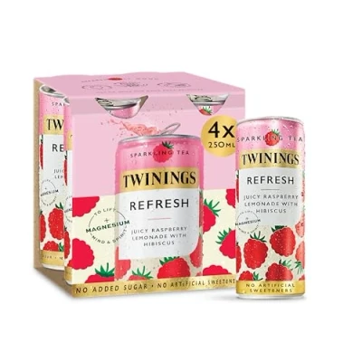 Image of Twinings Refresh Raspberry &amp; Lemon Flavoured Sparkling Tea Refreshing Fruity Beverage(4X250ml Cans) No Added Sugar, Low in Caffeine/Calorie, Healthy Alternative,Antioxidant Rich,Vegan,Gluten Free