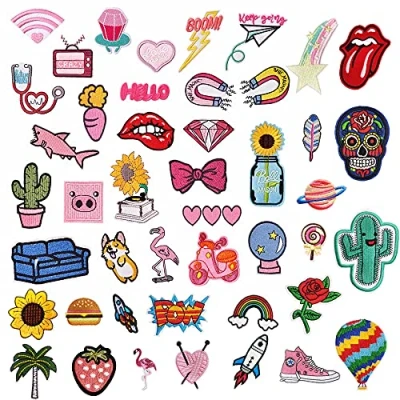 Image of Woohome 45 PCS Iron On Patch Assorted Styles Embroidered Pink Appliques Stickers Kit for Clothing, Jackets, Backpacks, Jeans, Flowers Applique DIY Accessory