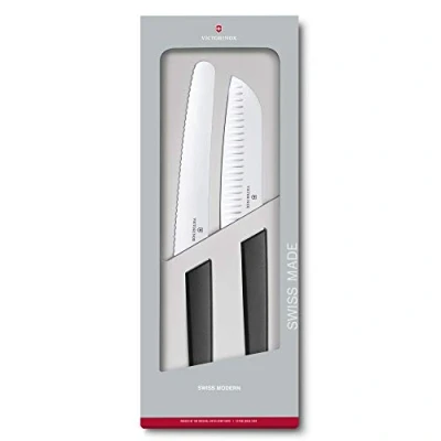 Image of Victorinox Swiss Modern Messer Set, Set of 2, Bread Knife, Santoku Extra Sharp, Robust Plastic Handle, Black