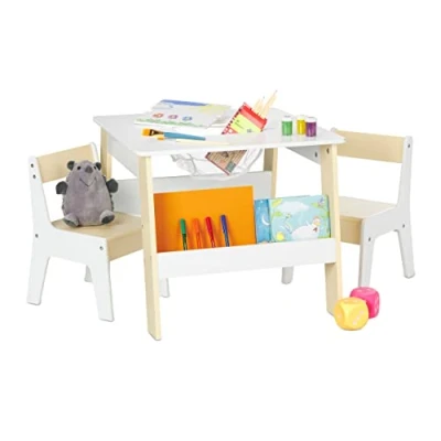 Image of Relaxdays Children&#039;s Table and 2 Chairs, Kids&#039; Furniture Combination, for Boys Girls, 51 x 55 69 cm, Beige/White, Fibreboard